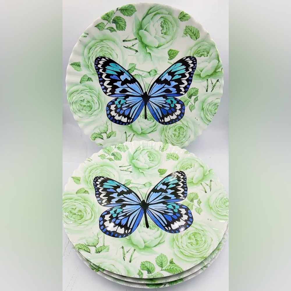 4 Dinner Plates RACHEL ZOE Spring Floral Butterfly Melamine 10.75" NEW